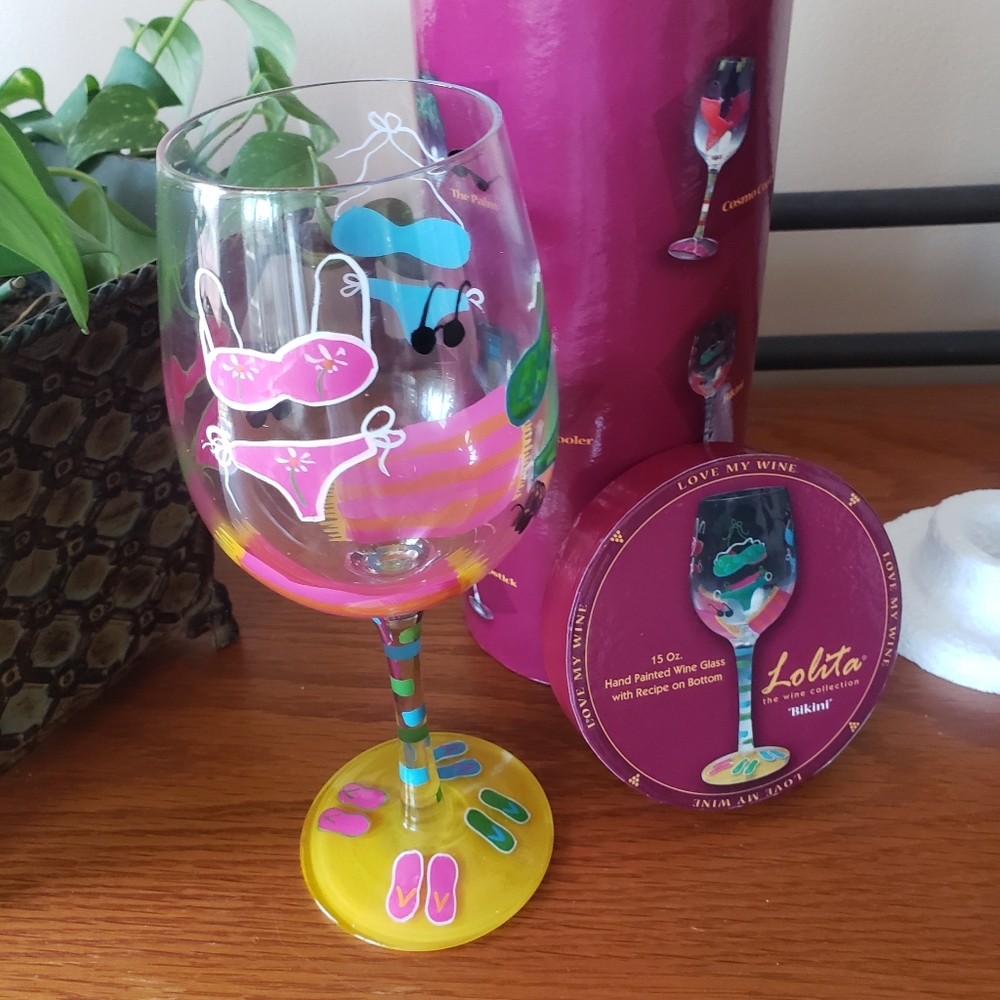 NWT- Lolita Hand-Painted Wine Glass - "Bikini" Colorful Design - 15 Ounce